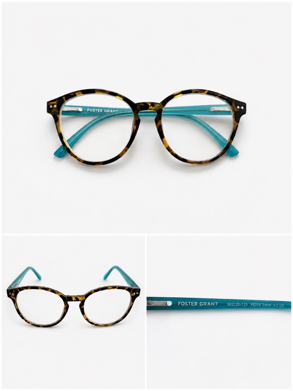 Foster Grant Tortoise Shell Reading Glasses +2.00 Teal Arms